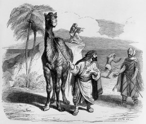 La Fontaine meséje (Jean de La Fontaine) : a teve és a lebegő botok, J. J. Grandville metszete, 1838-40 körül.