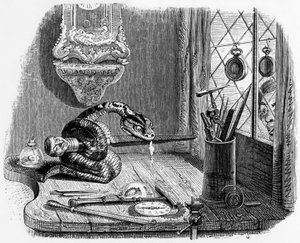 La Fontaine meséje (Jean de La Fontaine) : a kígyó és a reszelő, J.J. Grandville metszete, 1838-40 körül.