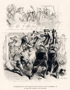 A lókarnevál. A miniatűröket JJ Granville illusztrálta. A Tamisier aláírásával ellátott metszet a Honore de Balzac által írt "Egy afrikai oroszlán utazása Párizsba" című részben "Jelenetek az állatok magán- és közéletéből". Paris, J. Hetzel és Paul alkotó: Grandville