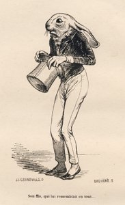 Félelmetes kecske dandy jelmezben. JJ Granville illusztrált matricái. Breviere aláírással ellátott metszet a "Histoire d
