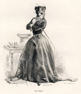 Oroszlán, fegyverrel és ostorral. A matricákat JJ Granville illusztrálta. Andrew, Best és Leloir aláírásával készült metszet a Honore de Balzac által írt "Egy afrikai oroszlán utazása Párizsban" című részben "Az állatok magán- és közéletének jelenetei" cím alkotó: Grandville