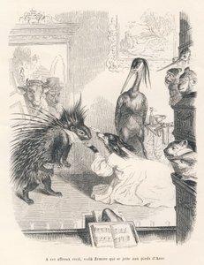 Opera egy sündisznóval, egy kutyával és egy kócsaggal a színpadon. JJ Granville által illusztrált matricák. Godard által szignált metszet a "Le premier feuilleton de Pistolet" című részben, amelyet Jules Janin írt a "Scenes de la vie privee et publique des alkotó: Grandville