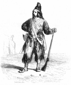Robinson Crusoe portréja a sivatagos szigeten, puskával és válogatott fegyverekkel az övén - Grandville illusztráció Daniel Defoe regényéhez (De Foe) - Garnier kiadás 1869 p 155.