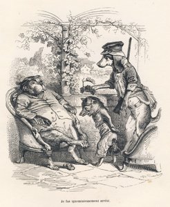 Fox megállított egy kutya. A miniatűröket JJ Granville illusztrálta. Godard aláírású metszet a Charles Nodier által írt "Egy róka csapdában" című részben a "Jelenetek az állatok magán- és közéletéből". Paris, J. Hetzel és Paulin alkotó: Grandville
