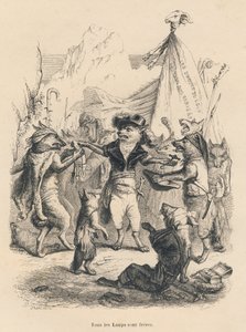 A farkasok forradalma és a farkas szabadsága és joga. A matricákat JJ Granville illusztrálta. Godard által aláírt metszet a "Párizsi utazás" című részben, amelyet George Sand írt az "Állatok magán- és közéletének jelenetei" c. Paris, J. He alkotó: Grandville