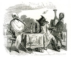 A róka és a gólya, illusztráció La Fontaine meséiből (litográfia) alkotó: Grandville