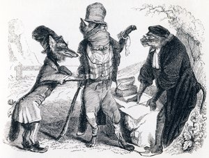 A farkas könyörög a róka ellen a majom előtt - Fables by La Fontaine alkotó: Grandville
