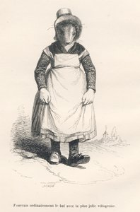 Falusi megy a bálba. A matricákat JJ Granville illusztrálta. Caque aláírású metszet a "A medve vagy a hegyről írt levél" című részben L. Baude "Az állatok magán- és közéletének jelenetei" c. Paris, J. Hetzel és Pauli alkotó: Grandville