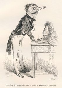 Nagyszerű tudós leszel, és ezt be fogom jelenteni a világnak. A matricákat JJ Granville illusztrálta. A Tamisier aláírásával ellátott metszet a "Vezető szamár a kitüntetéseket elérni kívánó állatok használatára" című részben Honore De Balzac írta alkotó: Grandville