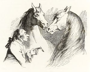 Gulliver beszélő lovakkal beszélget a Houyhnhnms Land-ben a Gullivers Travelsből, Jonathan Swift alkotó: Grandville