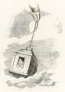 Gulliver megszökött Brobdingnag elől, amikor a dobozát megragadja egy sas, aki a tengerbe ejti, a Gullivers Travels-ből, Jonathan Swift alkotó: Grandville