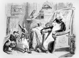 A macska, a menyét és a kis nyúl, illusztráció a La Fontaine „Fables”-hoz (1621-95), kiadó: H. Fournier Aine, 1838