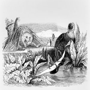 A galamb és a hangya, az oroszlán és a patkány, illusztráció La Fontaine "Meséi"-hez, kiadta H. Fournier Aine, 1838.