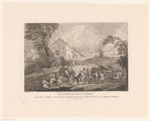 Táj a katonák elhaladó csoportjával Les Fatigues de la Guerre (cím a tárgyon) Antoine Watteau nyomán készült nyomatok (sorozat címe) L