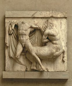 Egy kentaurt ölő lapith, XXVII. metopé a Parthenon déli oldaláról, Kr. e. 447-432 (márvány)