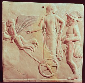 Aphrodité és Hermész Erósz és Psyche által vontatta szekéren lovagolnak, ie 470 (terrakotta) alkotó: Greek