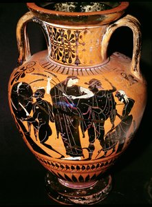 Attikai fekete alakos váza, mely Szinthoszt, Démétér, Hermész és a hajós ábrázolja, Kr.e. 535-540 körül (kerámia)