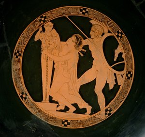 Tetőtéri vörös alakos csésze, amely Cassandrát ábrázolja, akit Ajax üldöz, egy athéni xoanontól menedéket keres, ie 430 körül (kerámia) alkotó: Greek