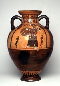 Black figure vase depicting Athena brandising a shield and spear, 550 BC (ceramic) alkotó: Greek