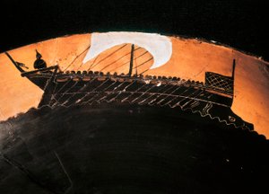 Antik fekete figurás csésze görög hajó ábrázolásával. Kr.e. 5. század. BN, Párizs. alkotó: Greek