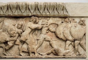 Gigantomachy: Cybele oroszlánja felfal egy óriást, miközben Apollón és Artemisz az óriások ellen harcol, ie 525 alkotó: Greek