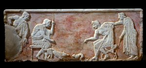 Görög művészet: két fiatalt ábrázoló Kouros bázis, egy kutyát és egy macskát - Márvány domborműves harisnya, Kr.e. 510-500 - Athénész, Régészeti Múzeum - Két fiatal férfi játszik egy kutyával és egy macskával - Fehér márvány dombormű (Kouros szobor alapja) alkotó: Greek