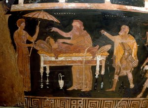Görög művészet: Arhemore váza: Arhemore temetése (Opheltész) Dareiosz festőjének festménye. Ruvo-tól. Kr.e. 4. század. Museo Archeologico Nazionale, Nápoly alkotó: Greek