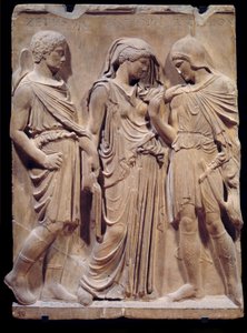 Görög ókor: Orphe búcsúja Euridikétól, amelyet Hermész kész visszavinni a pokolba. A Zethus, Antiope és Amphion nevét adó felirat a reneszánsz idejére nyúlik vissza. Alacsony márvány dombormű. Kr.e. 480-323. V 1,2 m Párizs, Musee du Louv alkotó: Greek