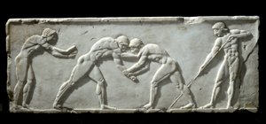 Görög művészet: birkózókat ábrázoló kourók alapja a küzdelem során. Márvány domborműves harisnya, Kr.e. 510-500 - Athénész, Régészeti Múzeum - Küzdő birkózók - Márvány domborműves kouros szobor faragása, ie 510-500 - Nemzeti Régészeti Múzeum, Athén alkotó: Greek