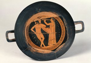Görög vörös alakos csésze, Pirruszon táncoló harcost ábrázol, idősebb Aristeides (kerámia) alkotó: Greek
