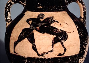 Héraklész a nemeai oroszlánnal küszködik, részlet egy attikai feketefigurás amforából (kerámia) alkotó: Greek