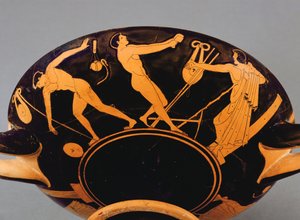 Sportolókat és szimpózist ábrázoló Kylix kupa, ie 480 körül (kerámia) (lásd még: 293740)