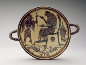 Lakóniai kylix csésze Zeuszt és Hermészt ábrázolva, ie 550-530 körül (agyag) (lásd még: 288296 és 288298) alkotó: Greek