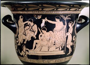 Orestes, mint fohász a delphoi Apolló-szentélyben, részlet egy attikai vörös alakos kráterből, amelyet az apuliai Eumenidész festő 92567-es kerámiarészletének tulajdonítottak alkotó: Greek