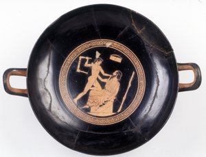 Festmény a vágáson: Héraklész ábrázolása, amint egy székkel integet, hogy kiütötte zenemesterét, Kr.e. 470. BNF, Éremhivatal. alkotó: Greek