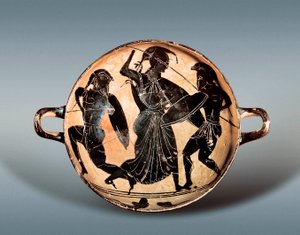 Trójai háború: Athéné istennő Hektor és Akhilleusz között küzd. Kr.e. 6. század. Kylix (ivópohár) fekete kerámiafigurákkal rendelkezik, Katalóniai Régészeti Múzeum, Barcelona. alkotó: Greek