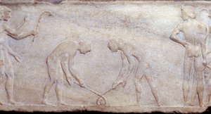 Art of Ancient Görögország: Labdajáték lacrosse-val (a jelenlegi jégkorong elve). Alacsony domborműves szobor. Athénész Régészeti Múzeum alkotó: Greek