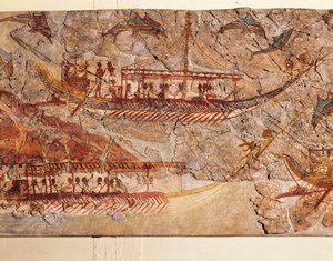 Hajómenetet ábrázoló freskó, Akrotiri, Thera Island, Santorini, Görögország, részlet, hajók