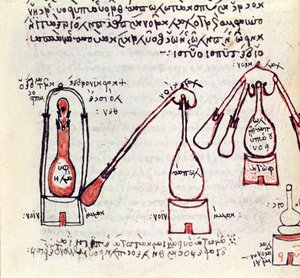 Ms 2327 f.81v Két alembic és vevőik, Panoplis Zosimos egy 3. század végi vagy 4. század eleji értekezésének másolata az alkímiáról alkotó: Greek School