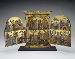 Lázár feltámasztása; Belépés Jeruzsálembe; Keresztre feszítés; Krisztus alászállása a pokolba (központi panel), 16. század második fele (tempera aranylevéllel a fán) alkotó: Greek School