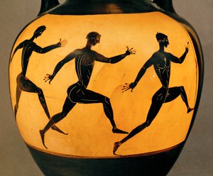 Három résztvevő egy futóversenyen a panathenaikus játékokon, Kr. e. 6. század (kerámia) alkotó: Greek School