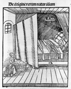 A szülésznő megtisztítja az újszülöttet, amíg az anya pihen. Metszet - Gregor Reisch (1467-1525) „Margarita Philosophica” című könyvében, Basel