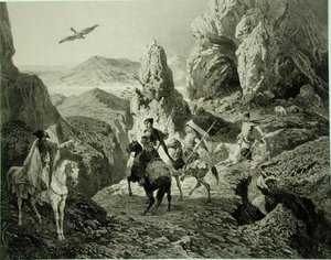 Sólyomvadászat Jereván közelében, Örményország, 20. tábla a Kaukázusról szóló könyvből, Eugene Ciceri (1813-90) és Adolphe Jean-Baptiste Bayot (1810-66) metszete, kiadó: Alfred Leon Lemercier, Párizs.