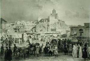 The Bazaar in Maidan Square, Tiflis, Georgia, 25. tábla egy Kaukázusról szóló könyvből, Adolphe Jean-Baptiste Bayot (1810-66) és Eugene Ciceri (1813-90) metszetével, Alfred Leon Lemercier, Párizs