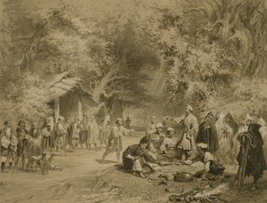 A vadászat vége, Mingrelia, 6. tábla egy Kaukázusról szóló könyvből, Adolphe Mouilleron (1820-81) metszete, Alfred Leon Lemercier, Párizs, 1847