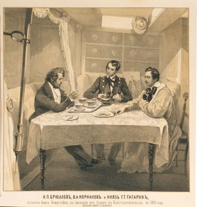 Karl Brjullov, Vlagyimir Kornyilov és Grigorij Gagarin gróf a Themisztoklész híd fedélzetén, 1835