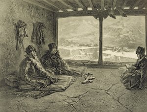 Saria előadás Khosrakhban, Dagesztánban, 50. tábla egy Kaukázusról szóló könyvből, Adolphe Mouilleron (1820-81) metszetével, Alfred Leon Lemercier kiadásában, Párizs, 1847
