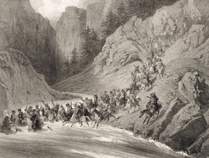 Tcherkersseians egy rajtaütésen a Fekete-tenger közelében, 4. tábla, egy Kaukázusról szóló könyvből, Eugene Ciceri (1813-90) és Adolphe Jean-Baptiste Bayot (1810-66) metszete, Alfred Leon Lemercier, P.