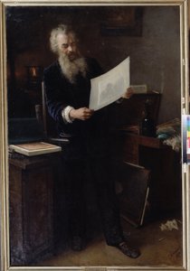 ""Az első benyomás"" (Az első benyomás). Ivan Ivanovics Shishkin (Ivan Ivanovitch Shishkin) (1832-1898) művész portréja, aki az egyik most készített alkotását nézi. Grigorij (Grigorij, Grigorij) festménye Grigorjevics Myasoyedov (