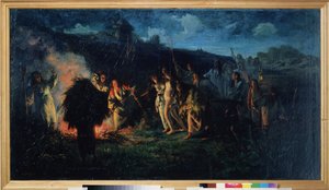 Szántó szertartás. Paraszti élet jelenete, szláv folklórünnep, éjfélkor, nagy tűz körül, mezőgazdasági szerszámaikkal és lámpásaikkal felszerelkezett parasztok körmenetben egy fiatal meztelen lányt hoznak, reménykedve
